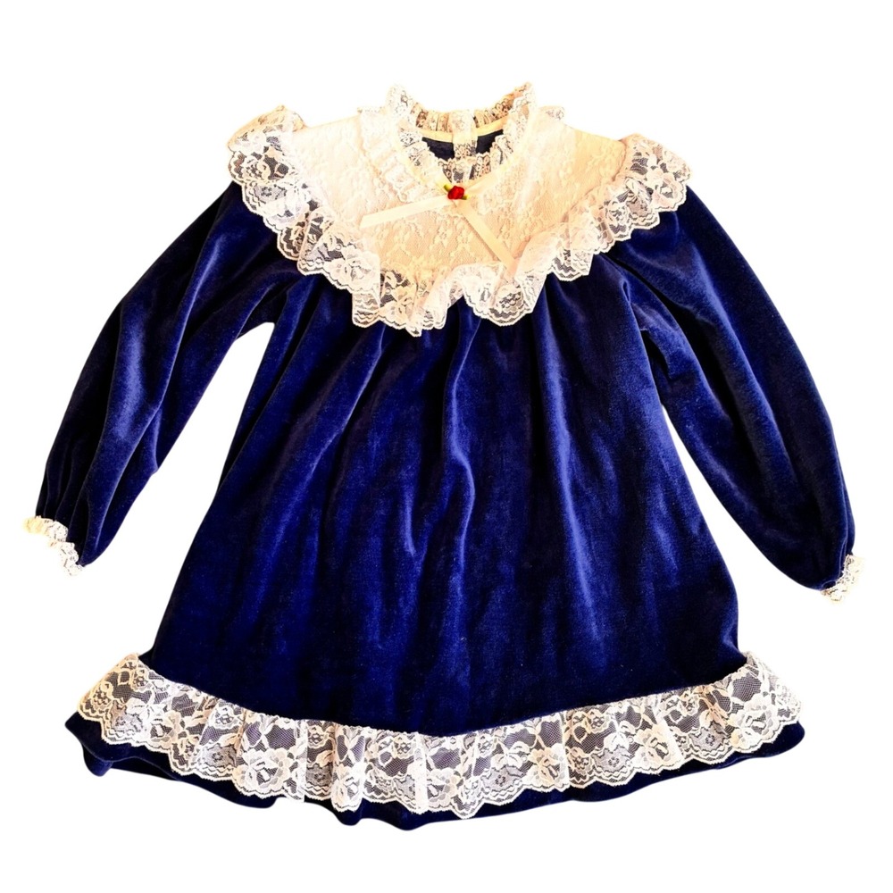 Vintage Evy Girls Royal Blue Velvet Lace Collar Dress Size 6 S4849K Made in USA